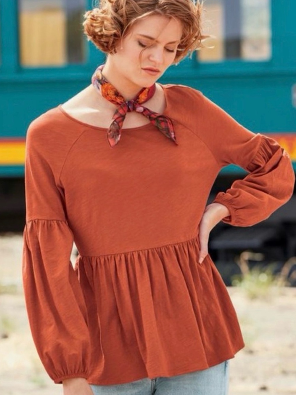 Peruvian Connection Kayla Slub Cotton Peplum Lantern Sleeve
Top Rust M